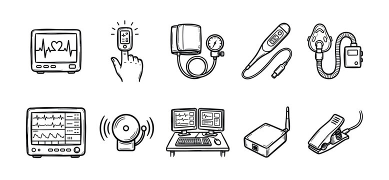 Hand-drawn medical equipment icon set featuring a heart monitor, oximeter, and blood pressure cuff in a simple black line art sketch style for hospital and healthcare concepts