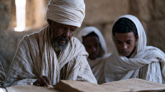 Ethiopian Orthodox scholars in traditional white shawls huddle around illuminated manuscripts inside ancient stone church, elderly deacon guiding teenage boys through Ge'ez script
