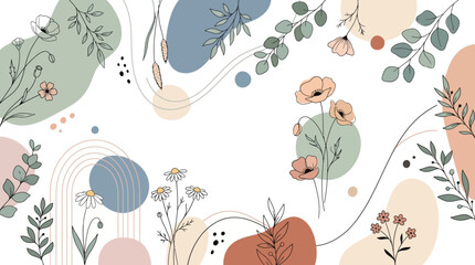Fototapeta premium Elegant scandinavian floral background with abstract organic blobs and delicate line art flowers, soft muted color palette, modern minimalist design perfect for invitations, stationery and web decor.