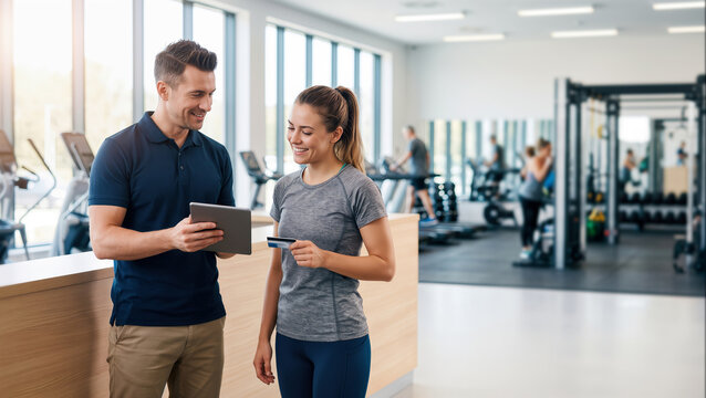 Personal trainer helping client complete gym membership payment on tablet, modern fitness facility, wellness enrollment.