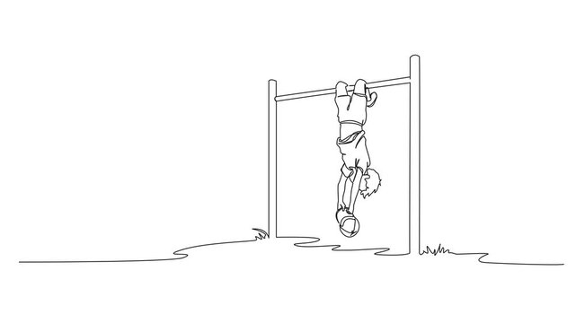 animated continuous line drawing of a playful young boy hanging upside down from a horizontal bar on a playground, childhood outdoor activity and fun, minimalist line art animation