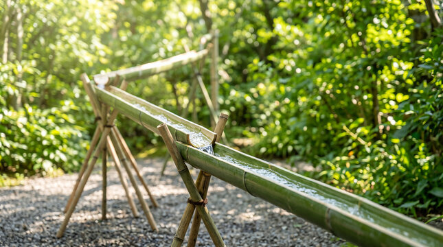 Clear cold water flowing down a split bamboo flume for nagashi somen noodles in a summer garden