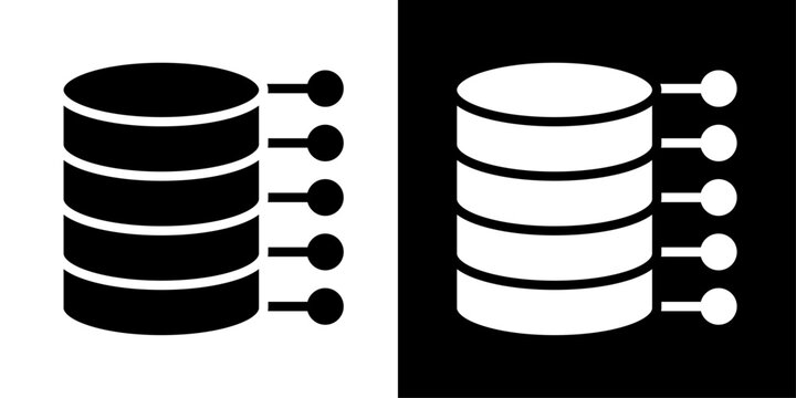 Modern database server storage icon set in black and white, featuring stacked data disks with connected nodes. Ideal for database management, cloud storage, data centerdatabase, database icon, server,