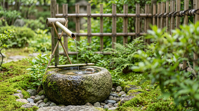 Traditional Japanese bamboo water fountain shishi-odoshi dripping water in a green mossy garden