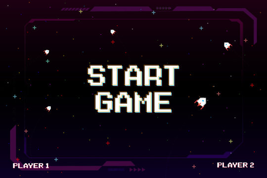 START GAME. Pixel art 8 bit. Retro Futurism Sci-Fi Background. glowing neon grid and star from vintage arcade computer games