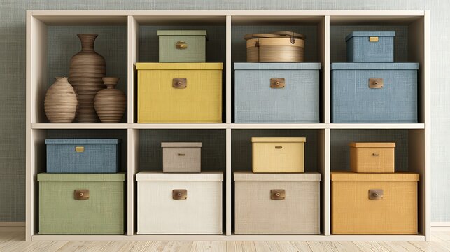 Modern bookshelf with colorful storage boxes and decorative vases. Perfect interior design concept for organized home.