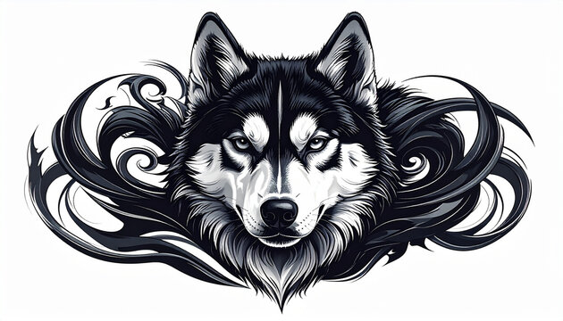 Intense artwork of a wolf head with elaborate dark swirls and design