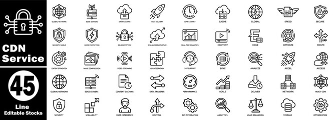 CDN line icon set. Service providers focused on web infrastructure, cloud storage, and network connectivity solutions. Vector Illustration. © Hafiz