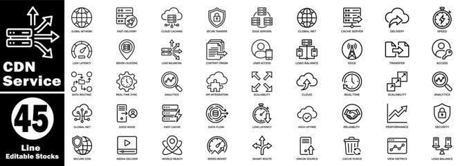 Professional CDN service outline icon set. Featuring cloud computing and web infrastructure displaying network connectivity data. Vector Illustration. © Hafiz