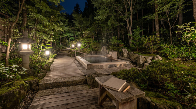 Modern ryokan rotenburo approach designed with clean minimalist lines and premium natural materials
