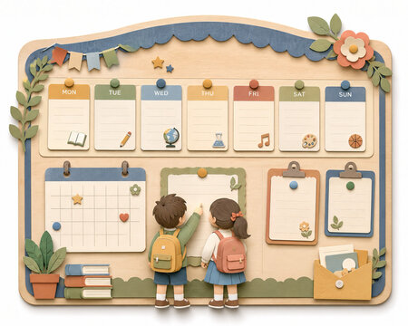 Weekly planner blackboard template with school children and schedule notes mockup