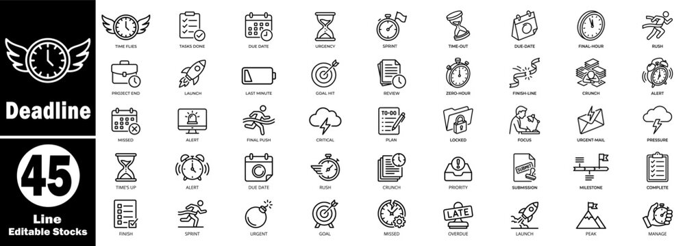 Deadline icon set. Featuring line art style illustrations of clocks, calendars, timers, countdowns, and planning office work. Vector Illustration.