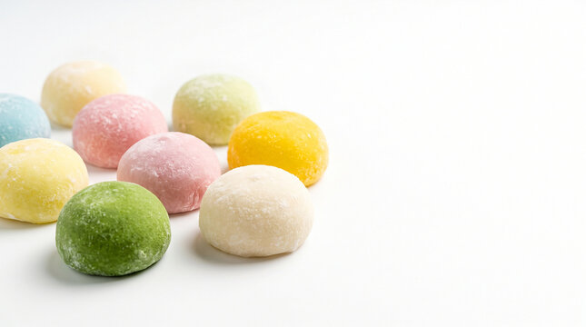 Assorted Japanese ice cream mochi with matcha and strawberry flavors in a ceramic plate on white background