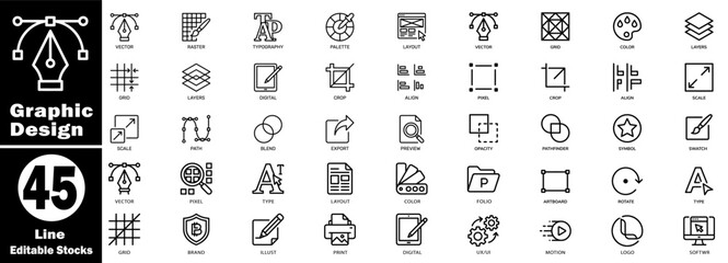 Graphic Design line icons. Featuring vector raster typography palette layout pen tool layers cursor artboard grid process and branding digital elements. Vector Illustration. © Hafiz