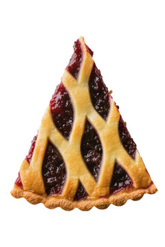 Isolated delicious individual slice of baked cherry pie with golden lattice crust