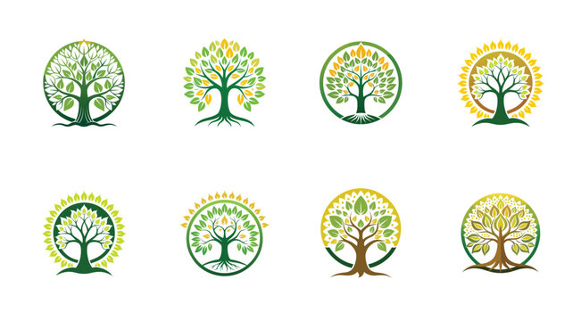 Collection of tree logos with green and yellow leaves