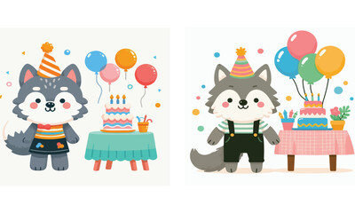 Fototapeta premium Set Of 2 Cute Cartoon Husky Birthday Party Vector Illustrations, Kawaii Wolf With Cake Balloons And Party Hats For Kids Celebration