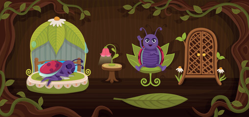 Fototapeta premium Cozy tree house interior with cute ladybugs. One ladybug sleeps in a leaf bed while another relaxes in a leaf chair. Whimsical forest room for children's illustrations and games.