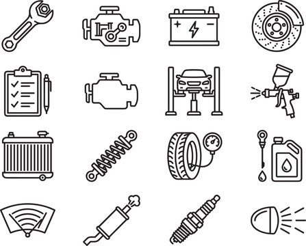 Auto repair and car maintenance outline icon set with engine battery wrench brake tyre lift and spark plug vectors