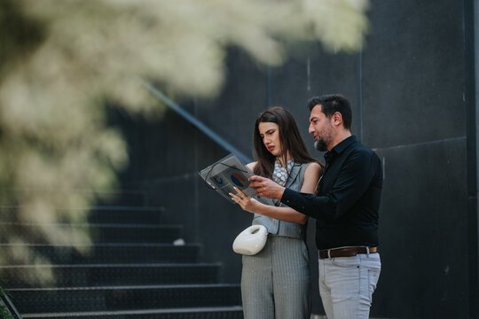 Two colleagues stand outside a modern office building reviewing printed reports together. The pair discuss charts and documents during a brief corporate collaboration on the steps.