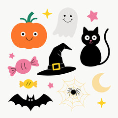 Fototapeta premium Adorable kawaii Halloween character vector set featuring a smiling jack o' lantern pumpkin, friendly ghost, black cat, witch hat, candy, and spooky elements.
