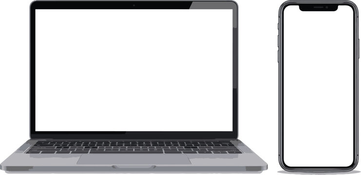 Blank screen laptop and smartphone on white background minimalist setup