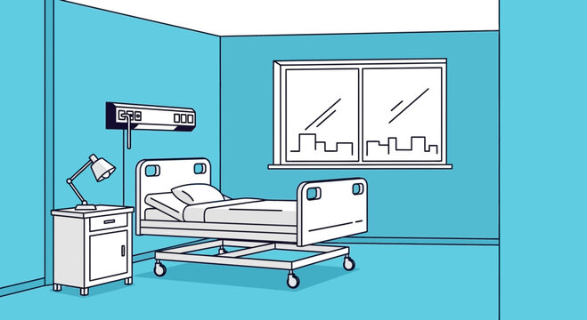 Hospital Room Visualization Of A Modern Ward With Bedside Cabinet and Window View