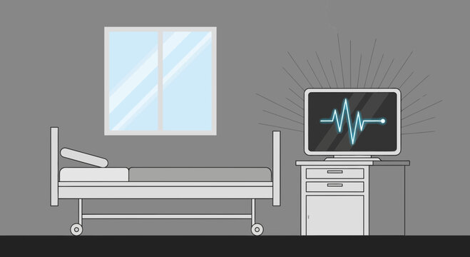 Hospital Room Visualization Of A Pulse, Medical Bed And A Digital Monitor Display