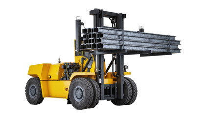 Isolated heavy duty yellow forklift truck lifting stack of metal I-beams for construction project © Aoife