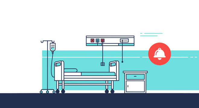 Hospital Room With A Bed, Infusion Pump, And Alert System, Line Art Illustration