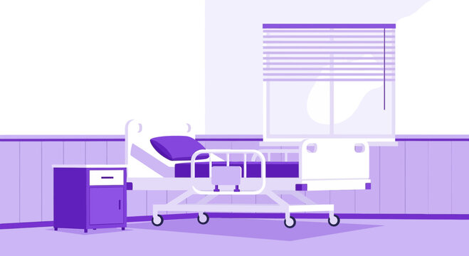 Hospital Room with Adjustable Bed and Window Illustration in Simplified, Flat Design Style
