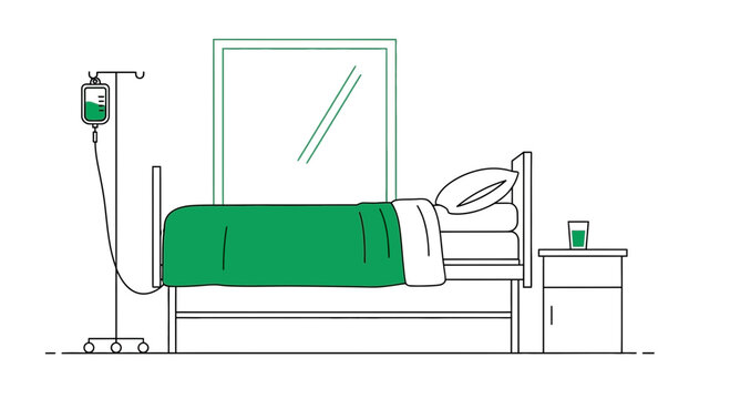 Hospital Room With Bed And IV Drip Illustrated In Modern Minimalist Style