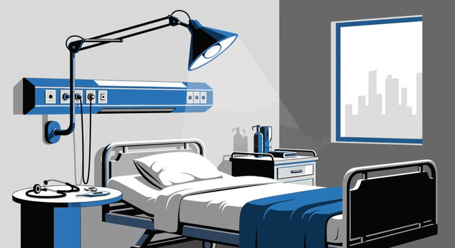 Hospital Room with Adjustable Lamp and Empty Bed in Minimalist Illustration Style