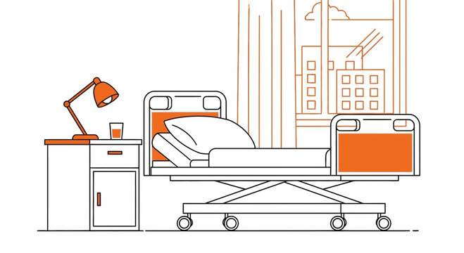 Hospital Room with Adjustable Bed and City Window View Minimalist Illustration