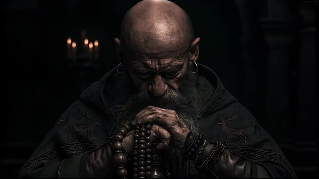 Europe medieval lifestyle. A dark, moody portrait of an elderly man with a long, bushy beard and a bald head. He wears a dark robe with intricate patterns and designs.