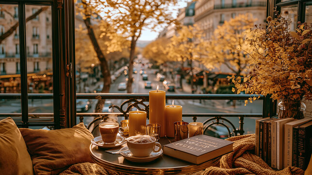 Paris France Europe lifestyle. A vivid, warmtoned photograph captures a cozy balcony scene during the golden hour. A round table sits in the foreground, holding a cup of coffee, a saucer, and a book.