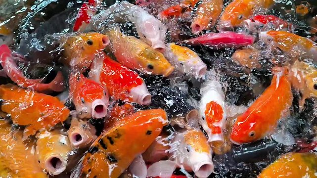 Vibrant spectacle of numerous colorful koi fish actively feeding in a bustling pond, creating a mesmerizing aquatic display of aquatic life and natural beauty