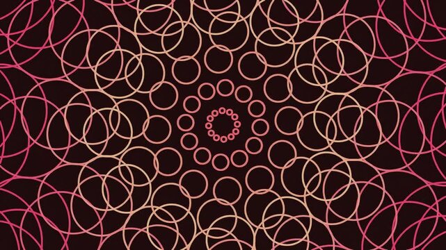 Abstract circular pattern with overlapping rings in pink and gold on a dark background.