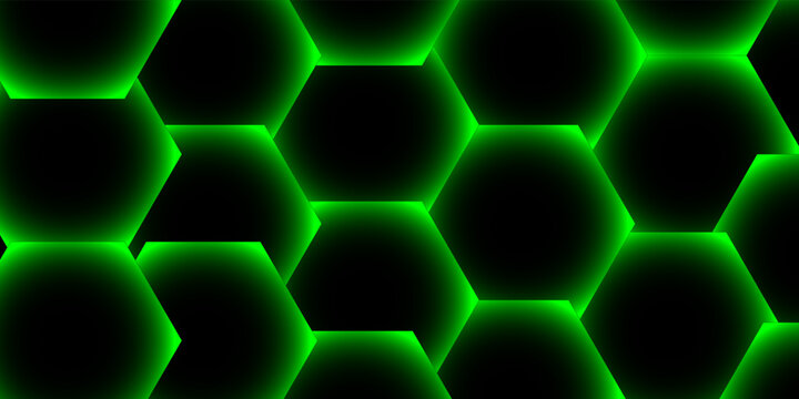 Abstract black background with glowing neon green gradient honeycomb hexagon shapes geometric pattern vector illustration.