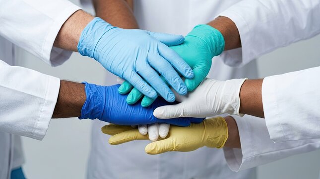 Diverse medical professionals joining hands wearing protective gloves in a team huddle demonstrating unity and healthcare collaboration