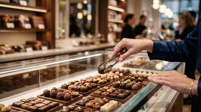 Customer hand selecting fine artisanal chocolates