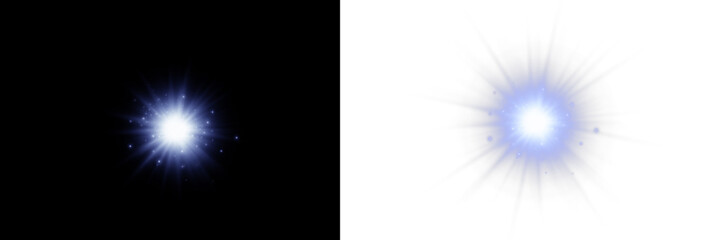Fototapeta premium Radiant blue flare spark with glowing star rays and transparent overlay PNG. Clean light beams create a vivid optical effect.