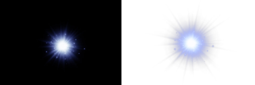 Radiant blue flare spark with glowing star rays and transparent overlay PNG. Clean light beams create a vivid optical effect.