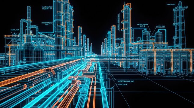 Detailed blueprint illustration of an oil and gas refinery complex with glowing neon lines on a dark background