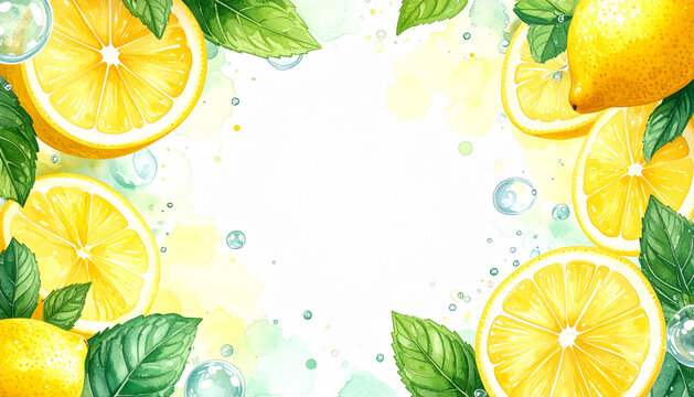 Watercolor corner frame illustration of vibrant lemon slices mint leaves and water droplets on white background