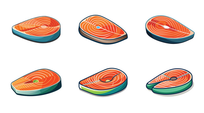 Six cartoon illustrations of raw salmon fillet steaks slices