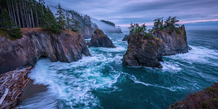 Dramatic ocean waves crashing against rugged sea stacks and misty coastline at sunset
