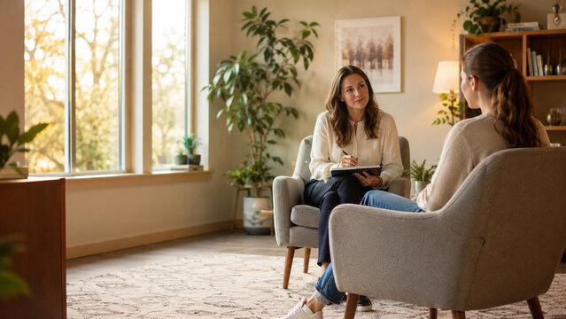 Female therapist listening and taking notes during counseling session with young woman in warm bright office
