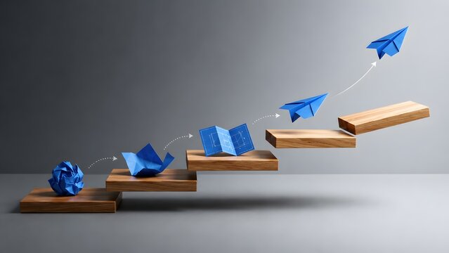 Startup business launch progress showing paper evolution from draft to flying airplane on ascending wooden stairs