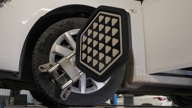 Close-up diagnostics and balancing of wheels on a lift at a modern service station. Collapse of convergence. Checking the wheel balance on the lifting machine using special equipment.